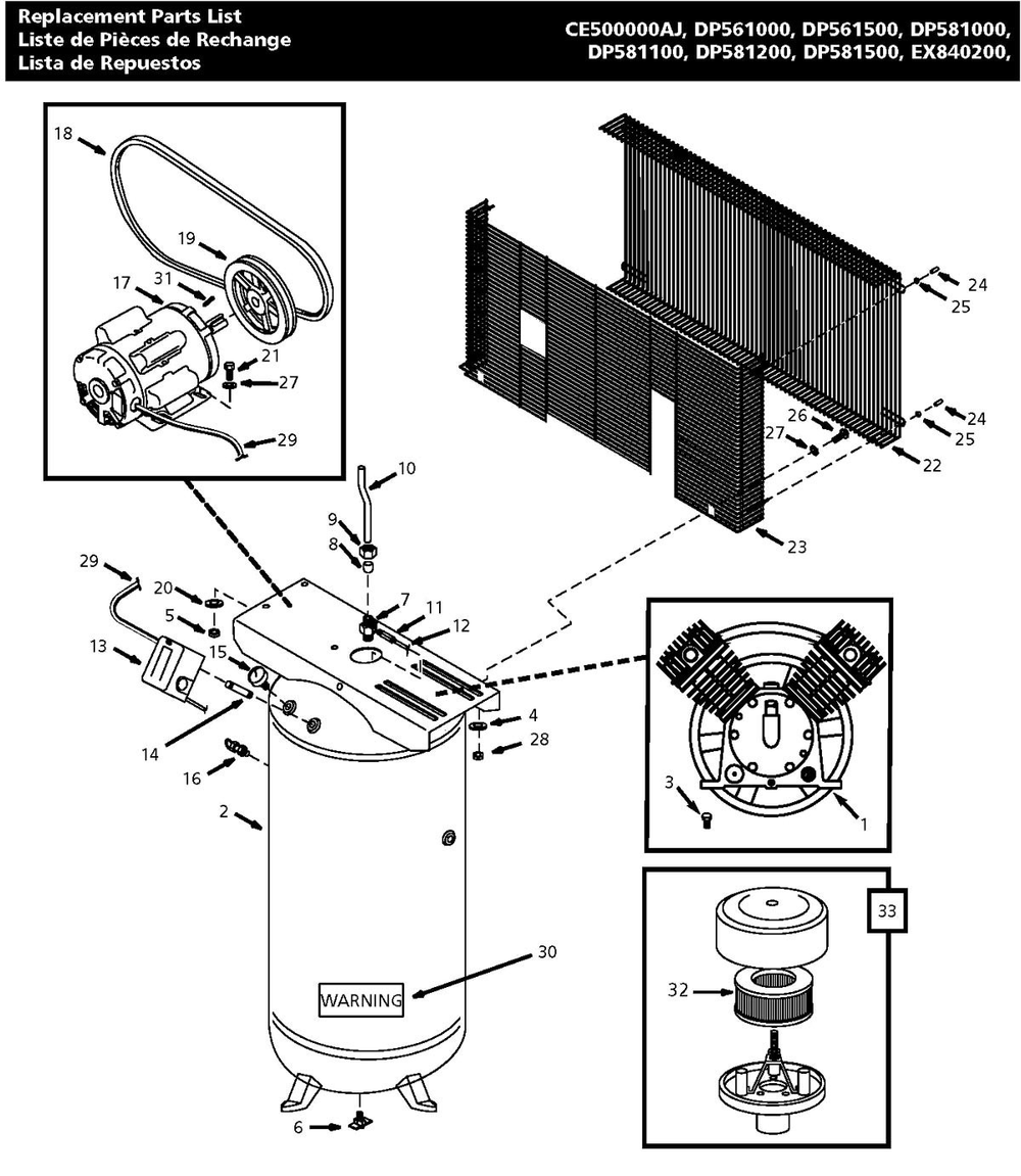 Tank Parts Diagram and Parts List for DP581000AJ  Campbell Hausfeld Compressor